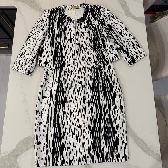 Kasper Jackets & Blazers - Kasper A Line Dress w/ Jacket White/Black Abstract Women's 14 Embellished Neck